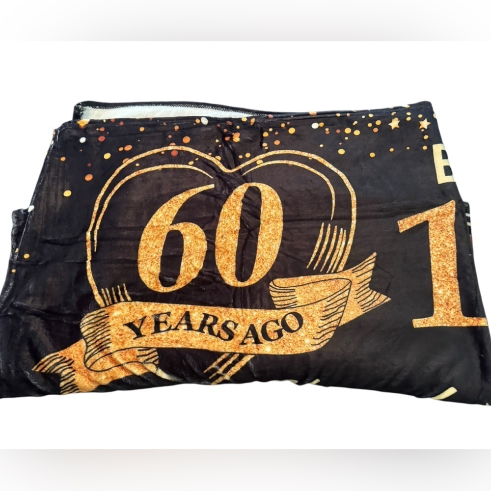 NEW! 60th Birthday Plush Commerative Blanket Fun Gift Black and Gold NWOT - Picture 5 of 12
